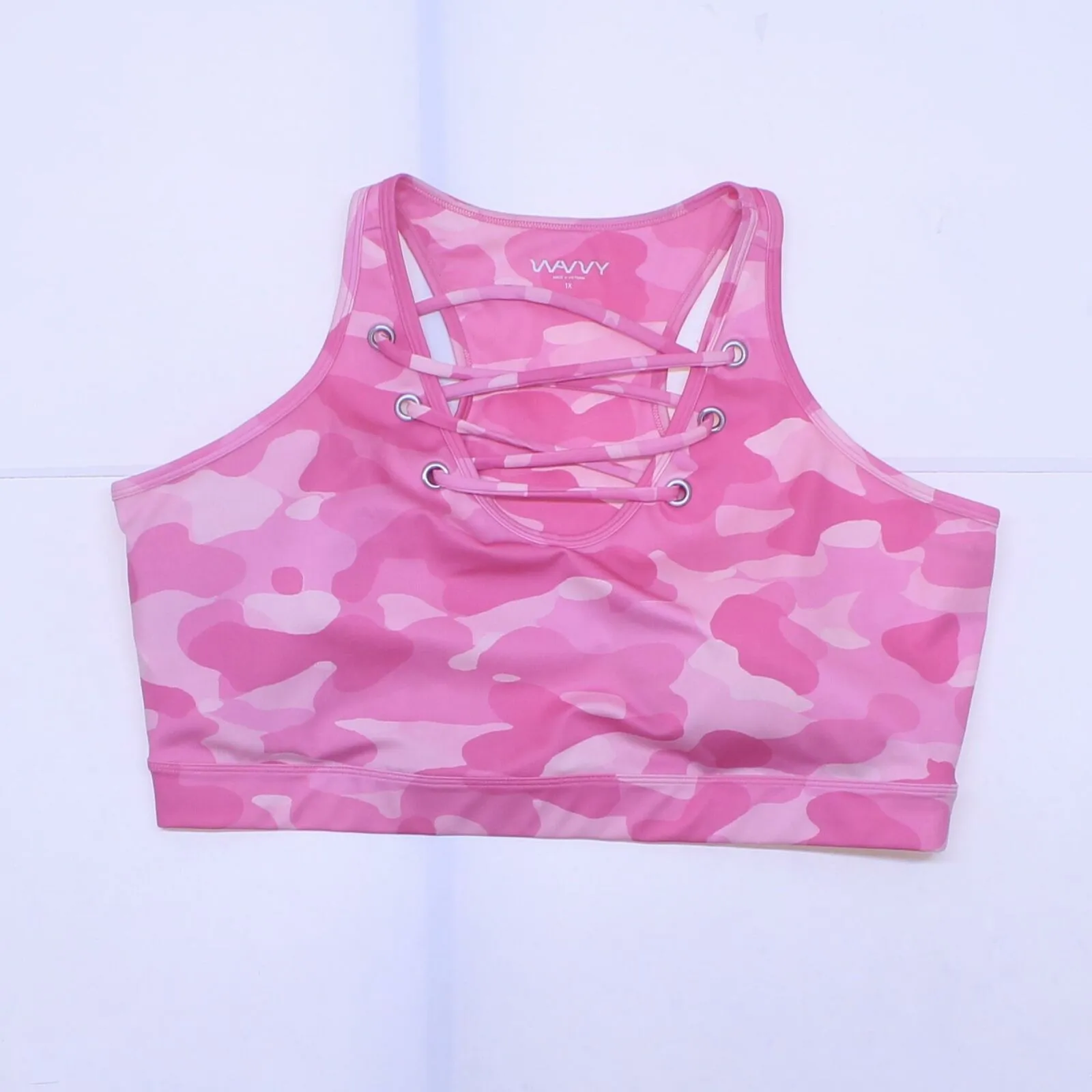 WVVY Power Core Knit Lace Up Sports Bra Prism Pink Camo 1X