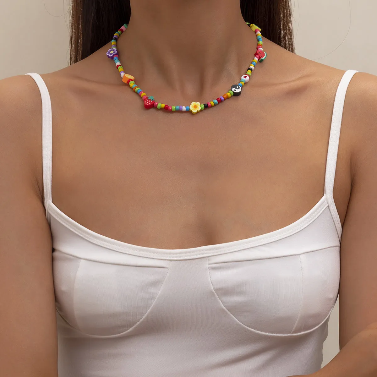 Yellow & Teal Howlite Floral Fruit Beaded Choker Necklace