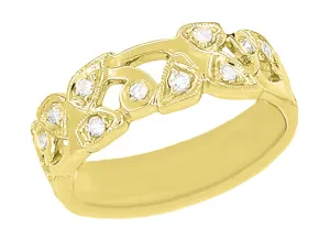 Yellow Gold 1950's Retro Moderne Vines and Leaves Filigree Diamond Wedding Band - 14K or 18K