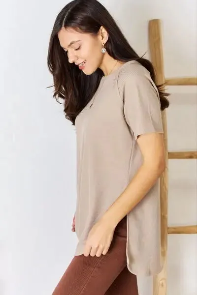 Zenana Baby Waffle Short Sleeve Slit High-Low T-Shirt Top