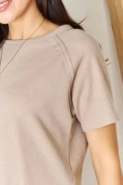 Zenana Baby Waffle Short Sleeve Slit High-Low T-Shirt Top