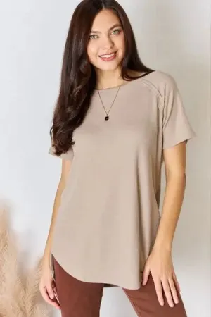 Zenana Baby Waffle Short Sleeve Slit High-Low T-Shirt Top