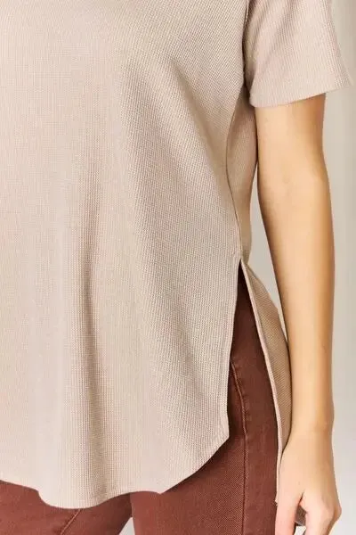 Zenana Baby Waffle Short Sleeve Slit High-Low T-Shirt Top