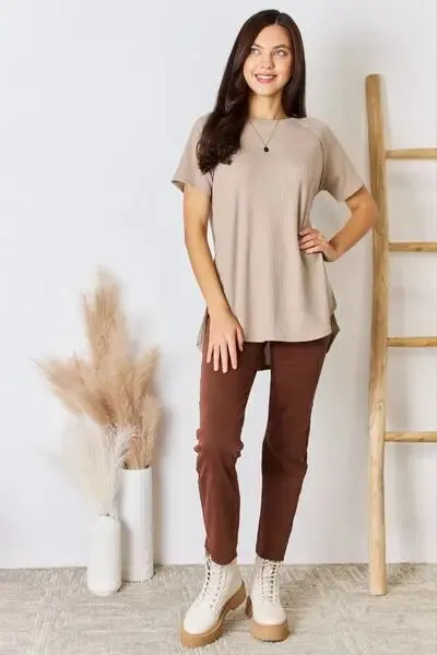 Zenana Baby Waffle Short Sleeve Slit High-Low T-Shirt Top